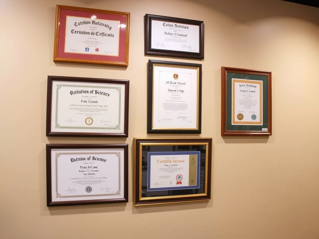 Certificats et diplômes encadrés sur un mur, symbolisant l'expertise de l'équipe