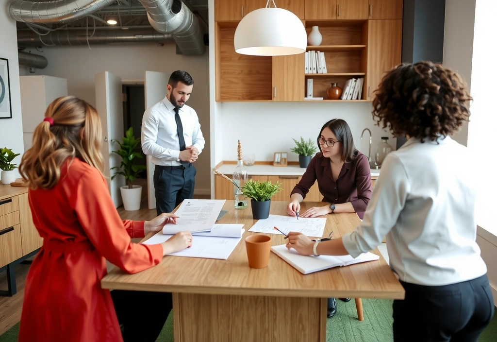 Groupe d'experts travaillant ensemble dans un bureau moderne, discutant autour d'une table avec des documents et des plantes