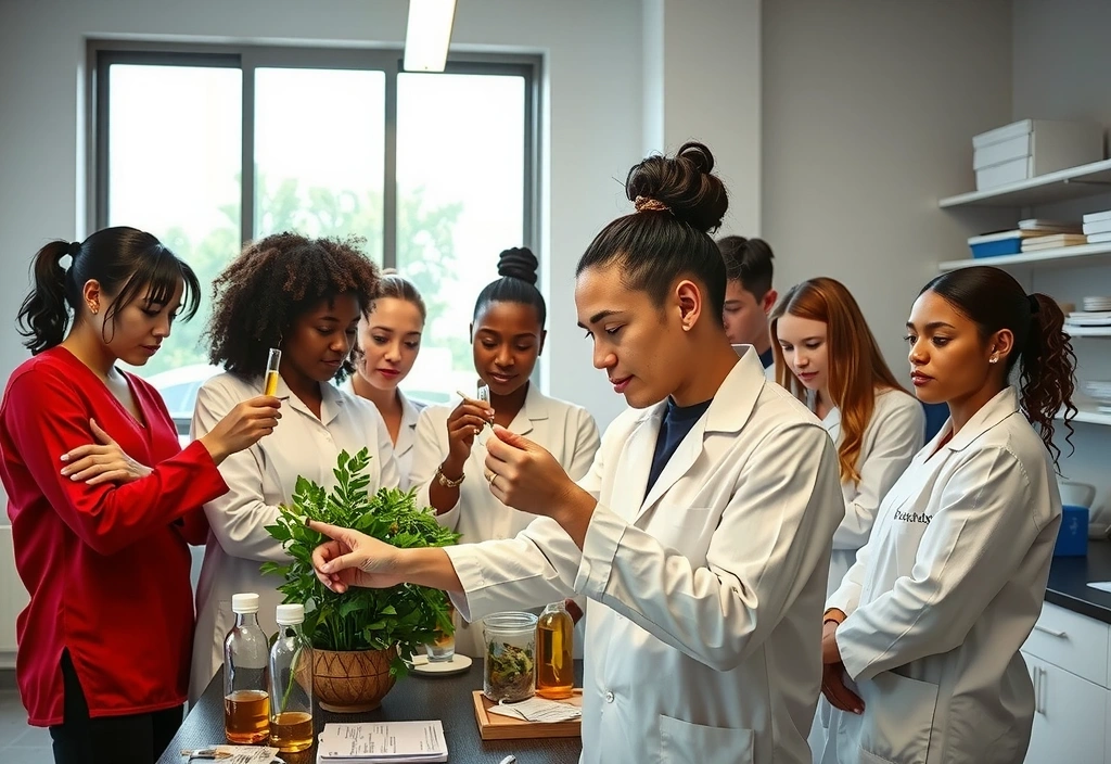 Équipe fondatrice travaillant dans un laboratoire moderne avec des plantes et des équipements scientifiques