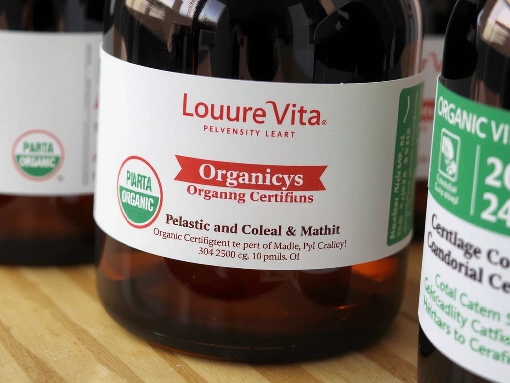 Étiquettes de certification bio et qualité sur des produits Louvrevitavb